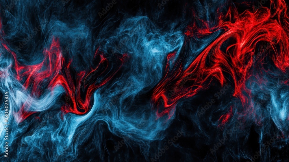 Fototapeta premium Abstract artwork features flowing blue and red smoke on black background