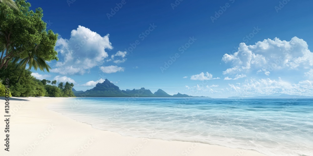 A stunning view of a peaceful tropical beach with soft white sands, clear blue waters, and lush green mountains in the backdrop, capturing the essence of paradise. A stunning view of a peaceful tropical beach with soft white sands, clear blue waters, and lush green mountains in the backdrop, capturing the essence of paradise.