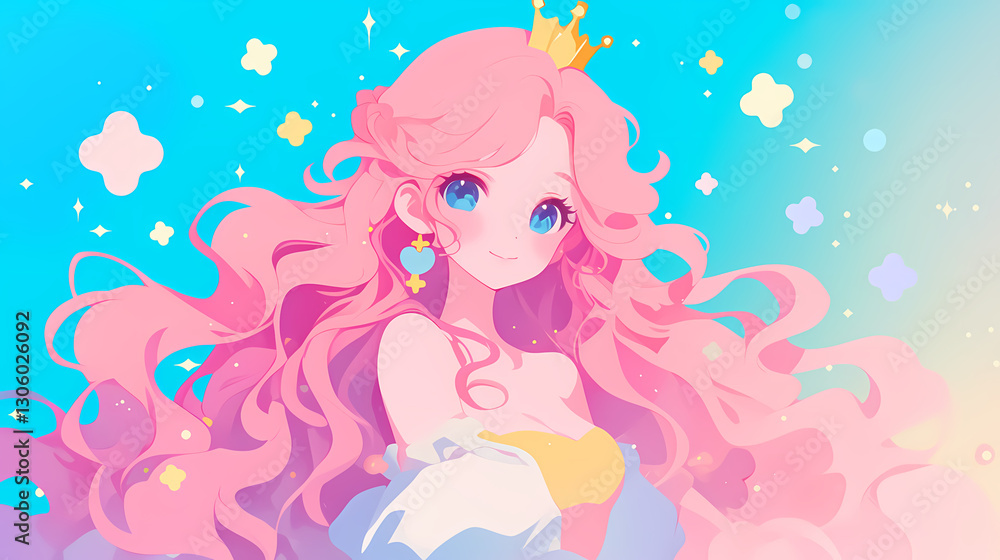 Enchanting princess with flowing pink hair and a crown, surrounded by pastel-colored stars and clouds Enchanting princess with flowing pink hair and a crown, surrounded by pastel-colored stars and clouds