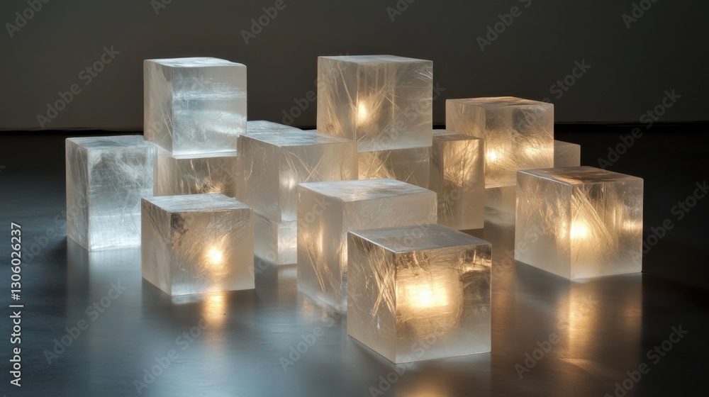 Translucent Cubic Lamps on Reflective Surface Translucent Cubic Lamps on Reflective Surface