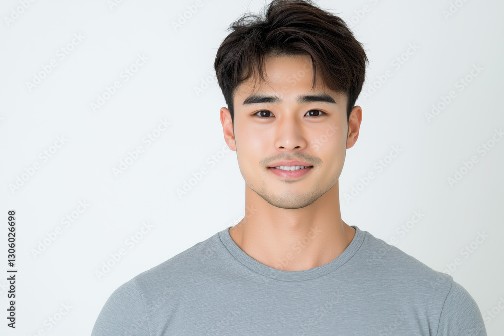 Young east asian man from south korea with short dark hair wearing a gray t-shirt, smiling warmly at the camera against a plain white background, confident and friendly expression Young east asian man from south korea with short dark hair wearing a gray t-shirt, smiling warmly at the camera against a plain white background, confident and friendly expression