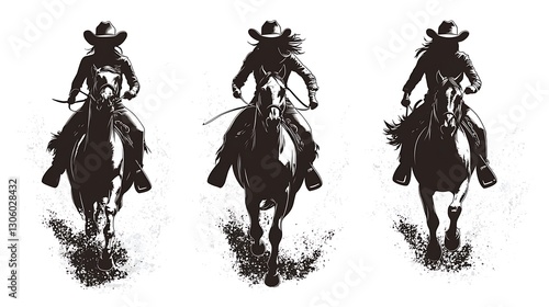 Cowgirls horseback riding, dust trail