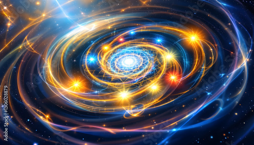 Cosmic Energy Swirl with Glowing Particles and Galactic Light