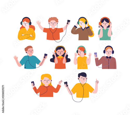 A vibrant collection of illustrations featuring people happily listening to music with headphones, for music apps, festival posters, and entertainment-themed designs