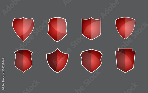 shield icons set, red gradient shield vector assets