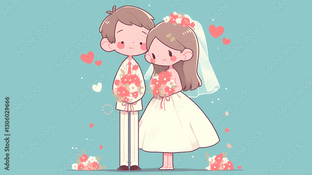 Cute animated couple in wedding attire holding flower bouquets against a pastel background with hearts Cute animated couple in wedding attire holding flower bouquets against a pastel background with hearts