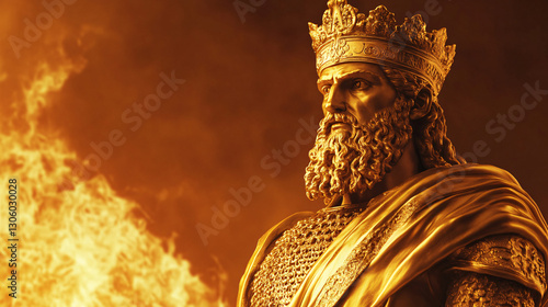 Radiant Nebuchadnezzar's Statue Shimmers Against Fiery Furnace: A Striking Contrast with Ample Copy Space