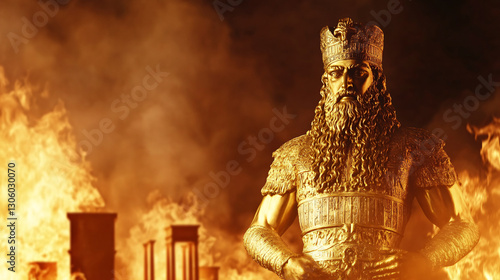 Radiant Nebuchadnezzar's Statue Shimmers Against Fiery Furnace: A Striking Contrast with Ample Copy Space