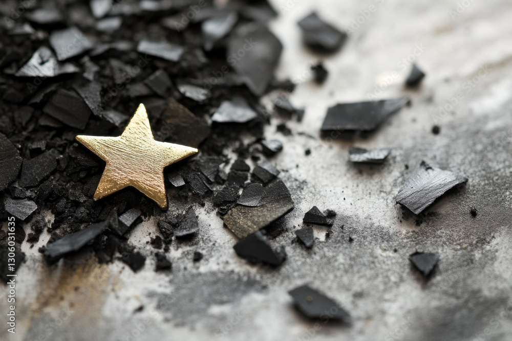 Crumbled Charcoal Pieces Spread Across Paper Next to a Single Gold Foil Star Crumbled Charcoal Pieces Spread Across Paper Next to a Single Gold Foil Star