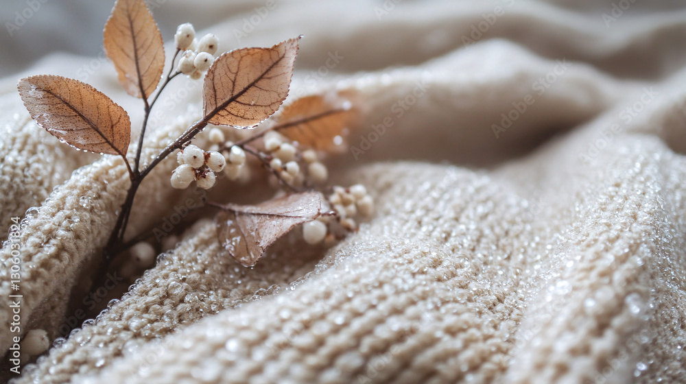 Obraz premium Dewy Gideon's Fleece on Soft Wool: A Serene Morning Still Life with Copy Space