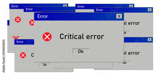 Critical error message old windows. Retro interface popup vector illustration