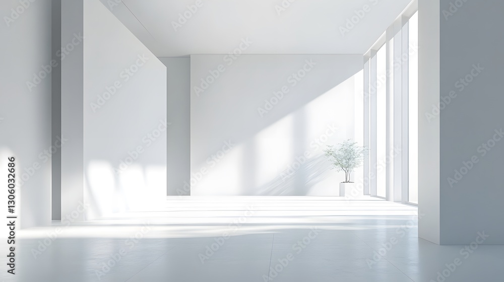 Fototapeta premium Pristine Minimalist Interior Space with Natural Light and Potted Plant in White Color Scheme