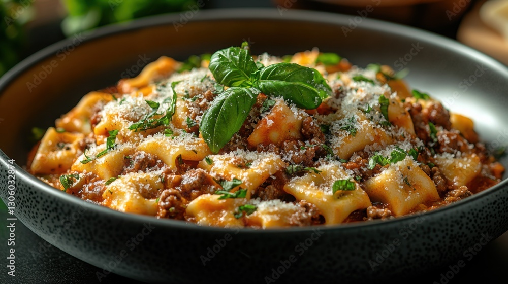 Delicious pasta dish with meat sauce basil and parmesan cheese. Delicious pasta dish with meat sauce basil and parmesan cheese.