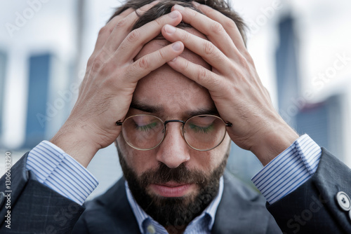 Man with head in hands photo