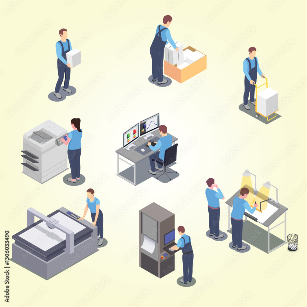 Isometric print service illustrations manufacturing using line supply creative copying machine Isometric print service illustrations manufacturing using line supply creative copying machine