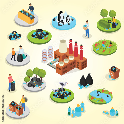 Drastic plastic isometric flowchart with editable text and human characters of people polluting nature with rubbish