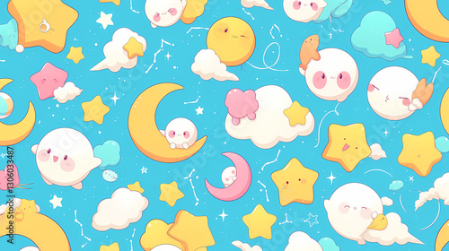 Colorful whimsical pattern featuring cute celestial characters like moons, stars, and clouds on a blue background