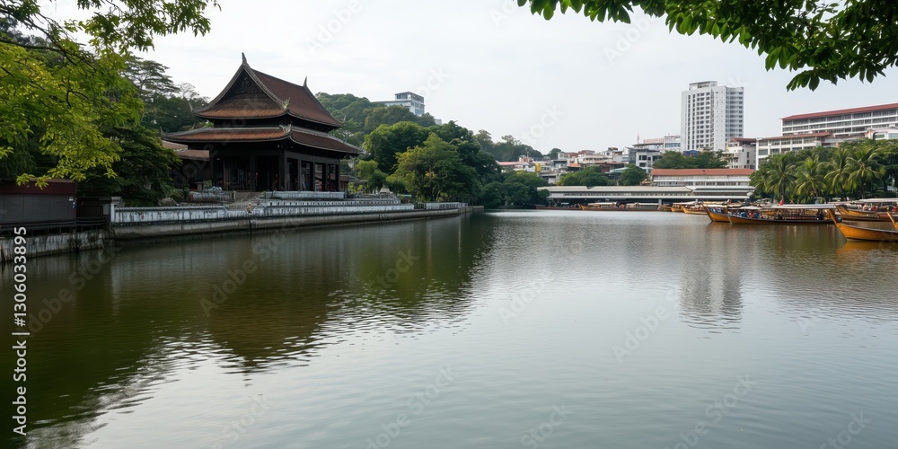 Obraz premium A peaceful waterscape featuring a serene river reflecting traditional architectural structures, enhancing the calm atmosphere and beautiful surroundings.