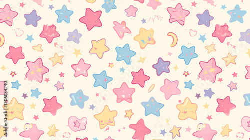 Colorful stars and celestial shapes scattered on a light background, ideal for playful designs