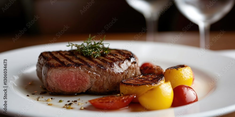 A delectable gourmet dish featuring a perfectly grilled steak alongside vibrant roasted vegetables, showcasing culinary expertise and the joy of fine dining. A delectable gourmet dish featuring a perfectly grilled steak alongside vibrant roasted vegetables, showcasing culinary expertise and the joy of fine dining.