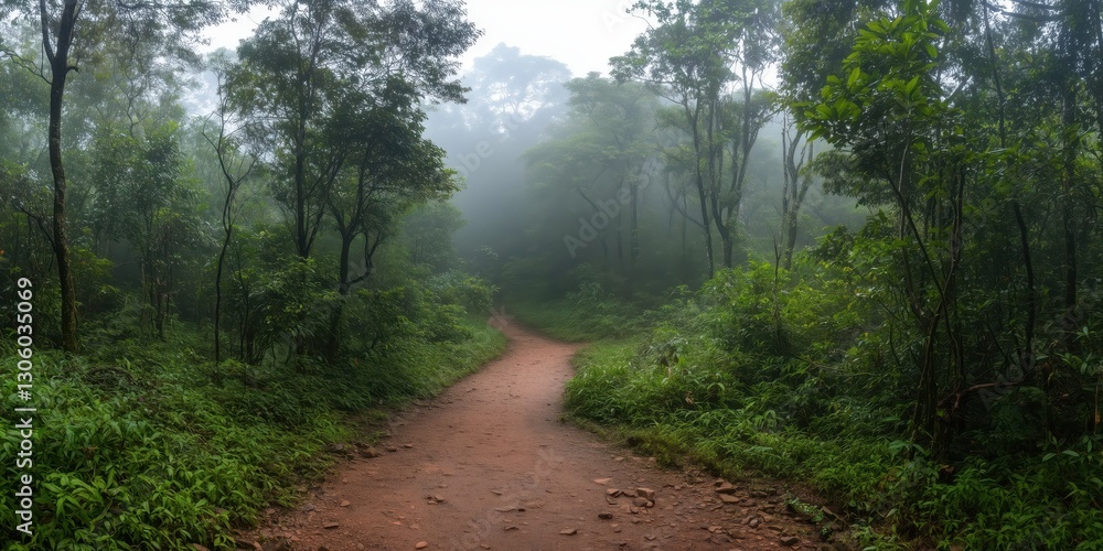 Obraz premium The image captures a winding dirt pathway shrouded in mist, offering a tranquil and mysterious atmosphere that invites exploration into the lush forest.