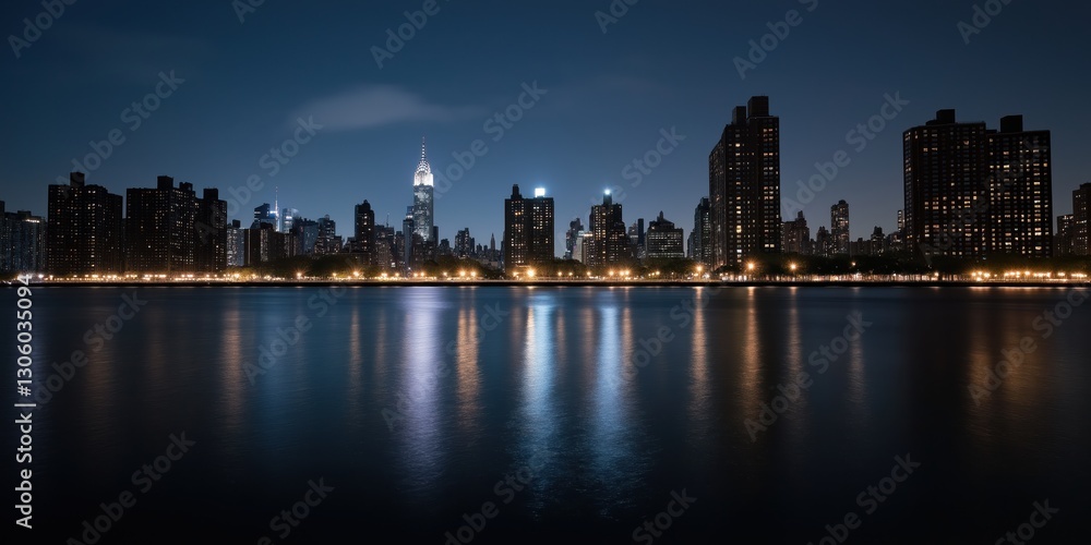 A mesmerizing night view of a city skyline showcasing tall buildings illuminated against a dark sky, with calm waters reflecting the shimmering lights in foreground. A mesmerizing night view of a city skyline showcasing tall buildings illuminated against a dark sky, with calm waters reflecting the shimmering lights in foreground.