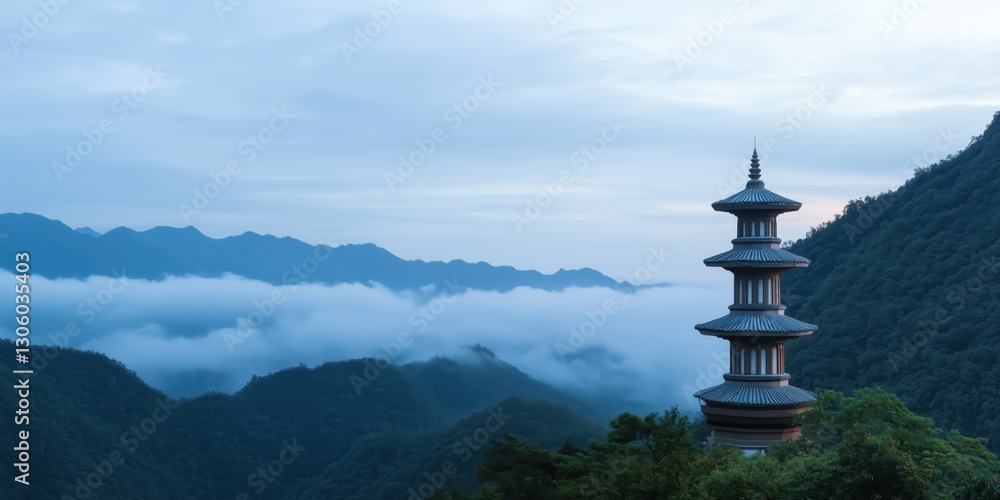 A stunning pagoda gracefully stands atop mountains shrouded in mist, evoking a sense of mystery and tranquility as nature envelops this architectural marvel. A stunning pagoda gracefully stands atop mountains shrouded in mist, evoking a sense of mystery and tranquility as nature envelops this architectural marvel.