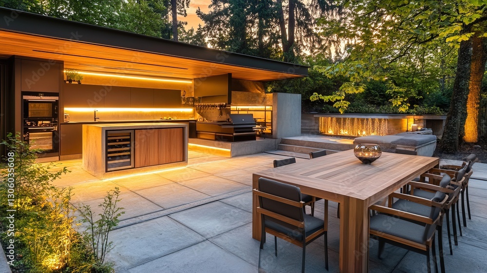 Fototapeta premium Elegant home with patio and outdoor kitchen under soft sunset glow, serene and inviting atmosphere.