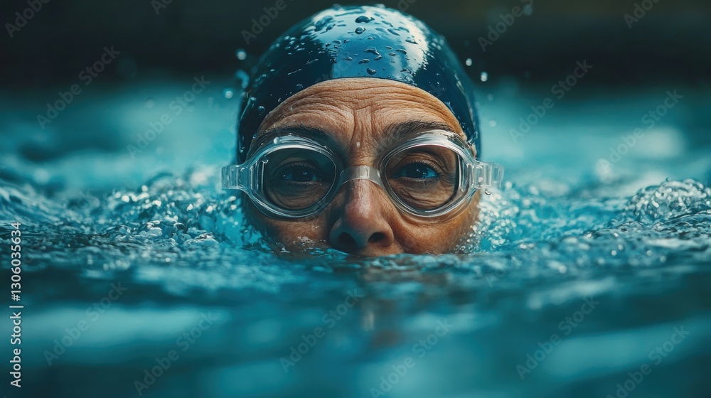 Fototapeta premium Competitive swimmer dives into clear water during a race with determined expression on his face