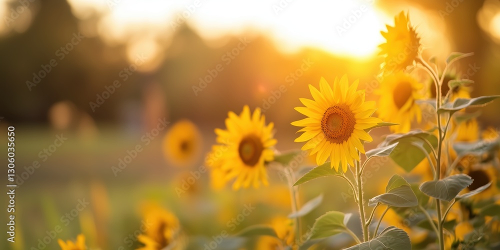 Obraz premium Beautiful sunflowers stand tall in a field, illuminated by the warm glow of a sunset, representing joy, warmth, and the beauty of nature's cycles.