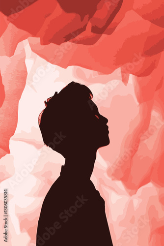 Boy silhouette, Asian young man side profile, abstract black against light red background vector illustration backdrop modern art creative moody emotional peach and red and pink and orange, copy space