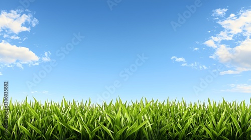 Vibrant Green Grass Against a Bright Blue Sky with Fluffy Clouds