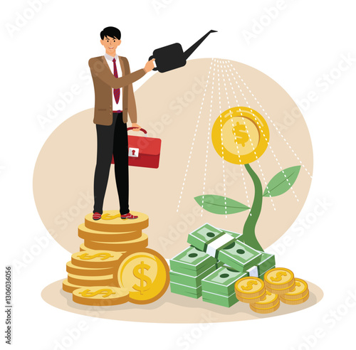 Pension fund concept, businessman investor watering stack dollar coin to grow money plant.