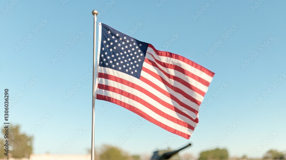 Obraz premium american flag waves gently in breeze prominently displayed against clear blue sky its vibrant reds whites and blues
