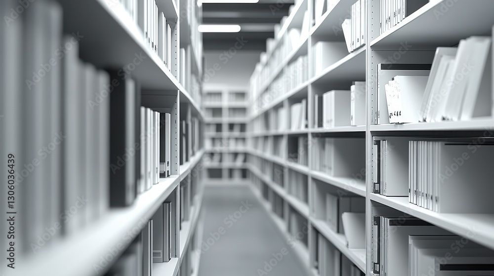 Fototapeta premium Modern Library Aisle with Rows of Books and Minimalist Design