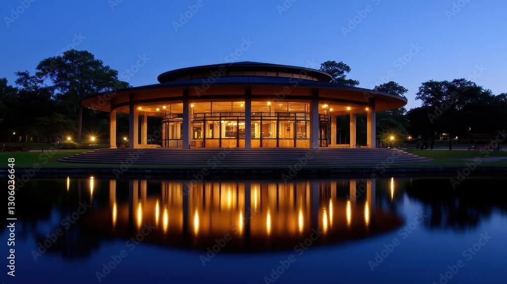 Modern Pavilion with Reflections at Twilight in Peaceful Park Setting