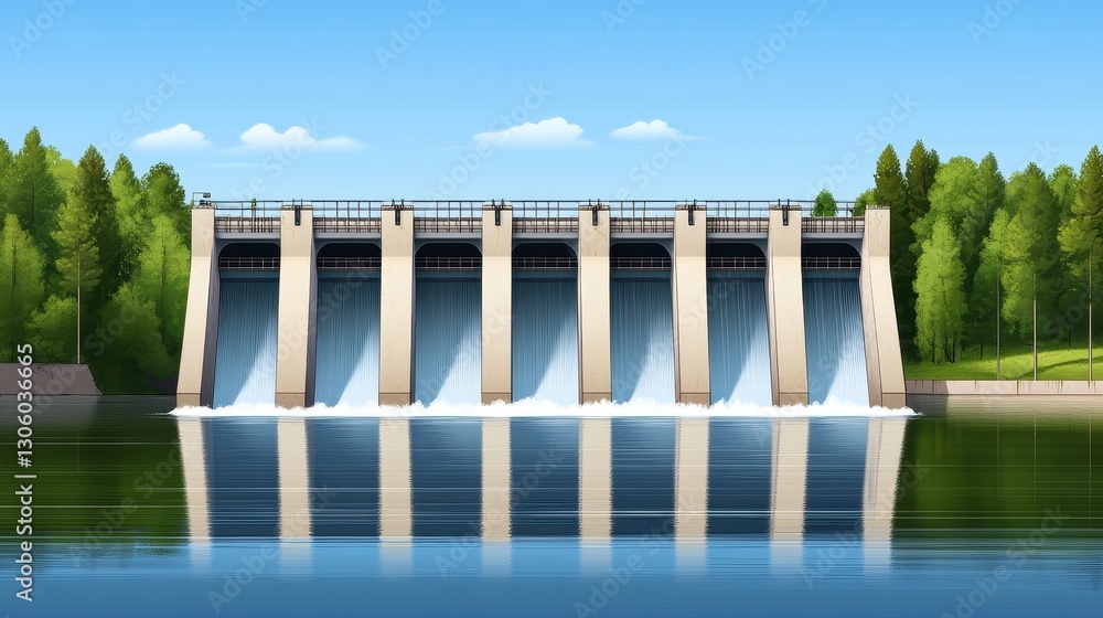 Obraz premium A Tan Concrete Dam with Water Flowing Over the Gates on a Sunny Day
