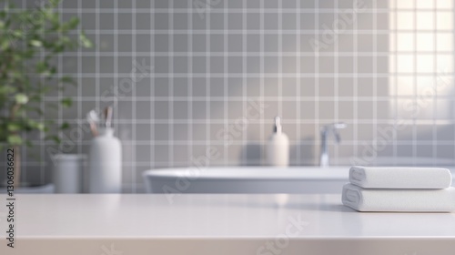 product display image of a light white table top,  slightly blurred, bathroom with light gray tile backsplash