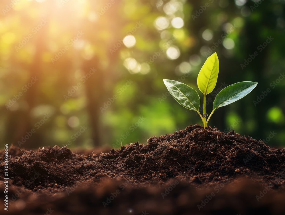 Fototapeta premium Seedling Growing in Soil: A Symbol of New Life, Growth, and Hope Under a Sunlit Sky
