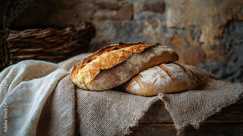 Emmaus Journey: Broken Bread on Weathered Cloak Amidst Tranquil Landscape - Perfect for Reflection