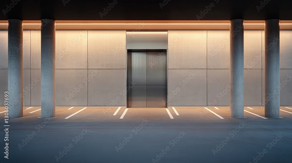 Fototapeta premium expansive view of underground parking lot with dim lighting casting long shadows across empty parking spaces highlighting