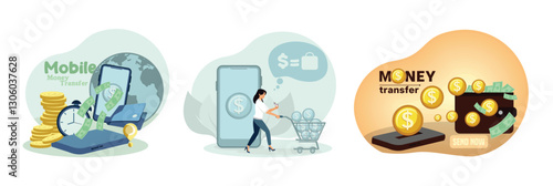  Mobile Money Transfer. Financial Transactions. Money online on mobile phone.