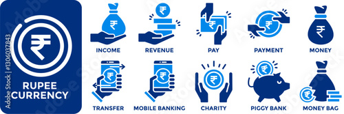 Rupee currency icon collection set.Containing income, revenue, pay, payment, money, transfer, mobile banking, charity, piggy bank and money bag icon. Simple flat vector illustration.