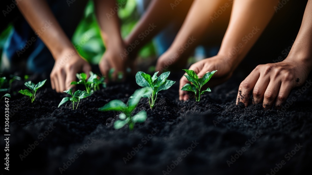 Closeup view of hands of gardener working in field planting flowers. Closeup view of hands of gardener working in field planting flowers.