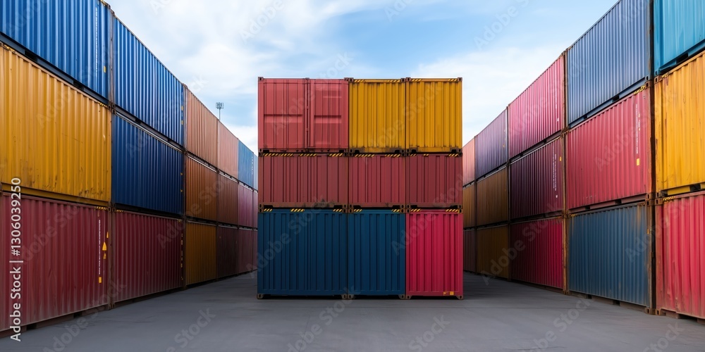 Fototapeta premium A vibrant display of stacked shipping containers in various colors, showcasing the industrial aspect of logistics and transportation in a port setting.