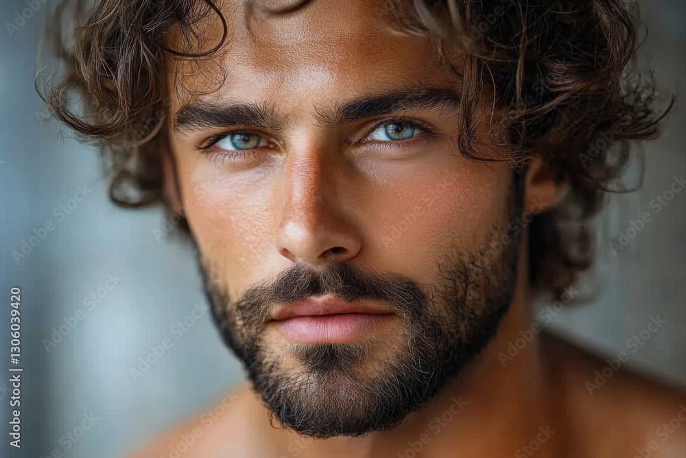 Obraz premium Close-up portrait of a bearded man with intense eyes and curly hair