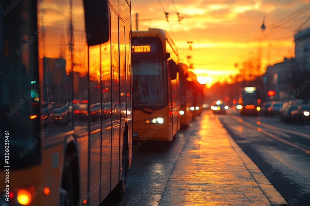 Obraz premium Sunset at a modern train station with warm glowing light