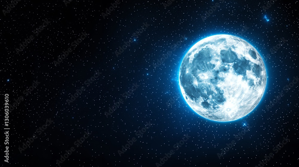 Glowing Blue Full Moon in Starry Night Sky Glowing Blue Full Moon in Starry Night Sky