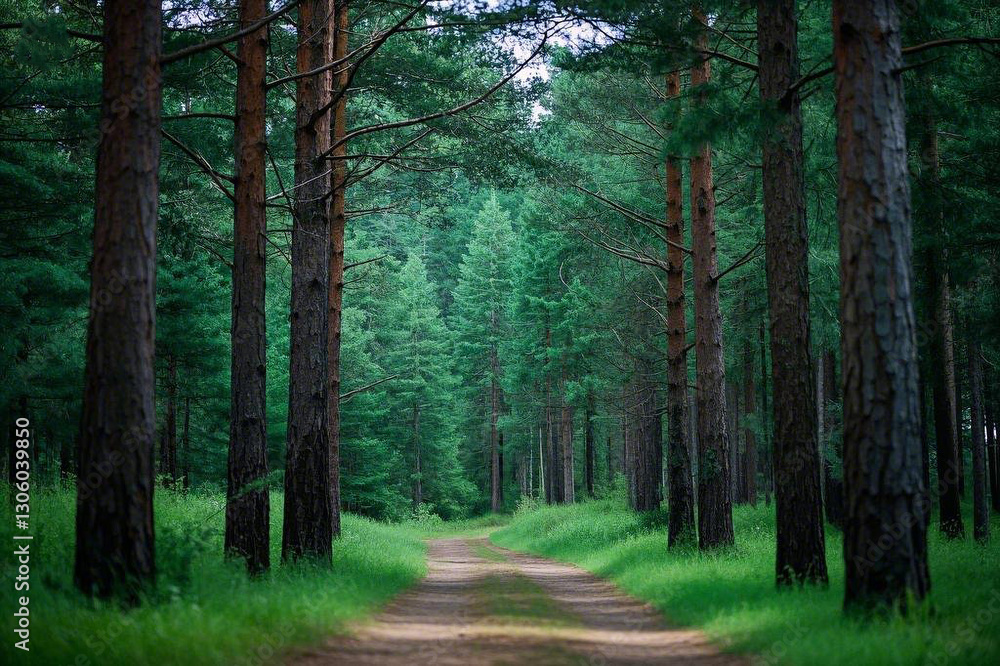 Obraz premium Path Through Majestic Pine Woodland_ Towering Evergreens and the Scent of Pine Needles in a Serene backdrop. path in the woods