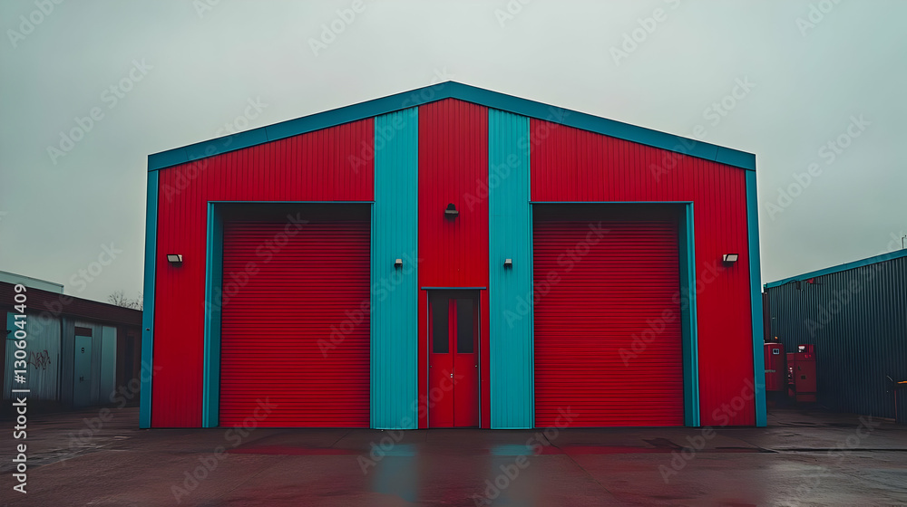 Fototapeta premium Red & blue industrial building, overcast day